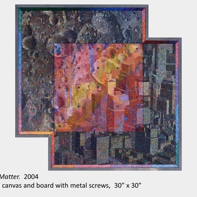 Artwork by Art Green. Dark Matter. 2004. Oil on canvas and board with metal screws. 30” x 30”