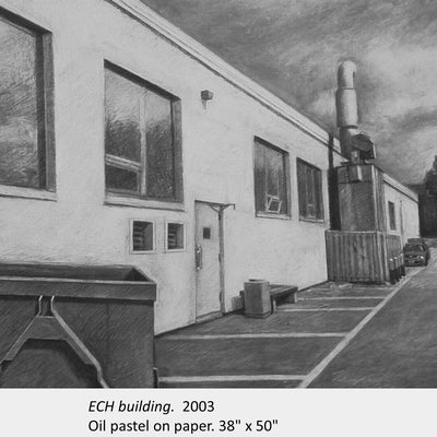 Artwork by Macksim Grunin. ECH building. 2003. Oil pastel on paper. 38" x 50"