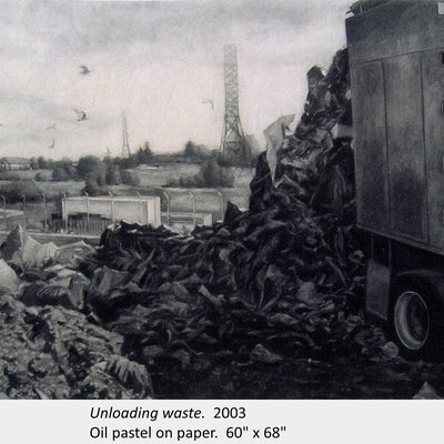 Artwork by Macksim Grunin. Unloading waste. 2003. Oil pastel on paper. 60" x 68"