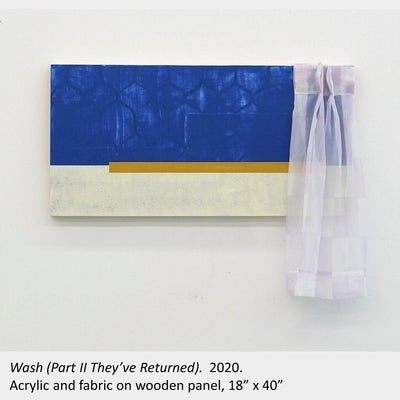 Brubey Hu's artwork "Wash (Part II They’ve Returned)", 2020, acrylic and fabric on wooden panel, 18” x 40”