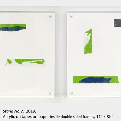 Brubey Hu's artwork "Stand No. 2", 2019, acrylic on tapes on paper inside double sided frames,  11” x 8.5”