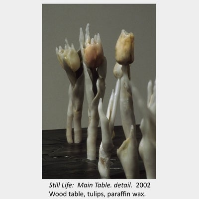 Artwork by Tamara Izsak. Still Life: Main Table. detail. 2002. Wood table, tulips, paraffin wax.