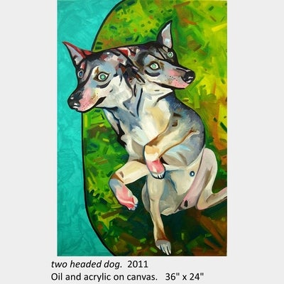 Artwork by Heidi Jahnke. two headed dog. 2011. Oil and acrylic on canvas. 36" x 24"