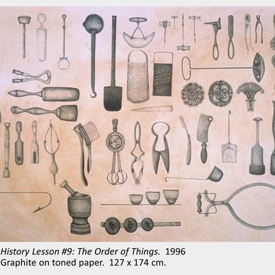Artwork by Jane Buyers. History Lesson #9: The Order of Things. 1996. Graphite on toned paper. 127 x 174 cm.