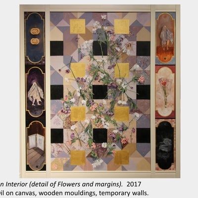Artwork by Jess Lincoln. An Interior (detail of Flowers and margins), 2017, Oil on canvas, wooden mouldings