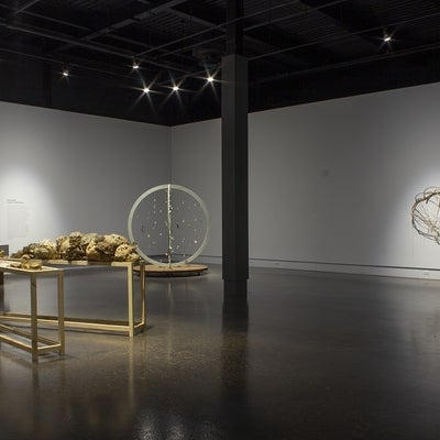 A darken art gallery with two narrow wood tables in the center of the room holding balls of dried organic material. Behind this, a circular structure sits upright on the floor with items hanging in the center and a sculpture of curved tree branches and string is on the wall to the right.