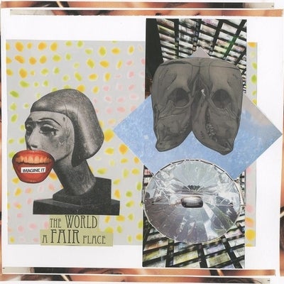 Photographic collage of a animals skulls, headlights and sculptured head with text "Imagine it - the world a fair place"