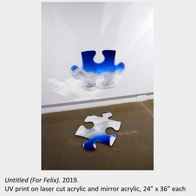 Tyler Matheson's artwork "Untitled (For Felix)", 2019, UV print on laser cut acrylic and mirror acrylic, 2’x3’each.