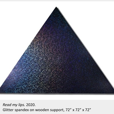 Tyler Matheson's artwork "Read my lips", 2020, glitter spandex on wooden support, 72”x72”x72”