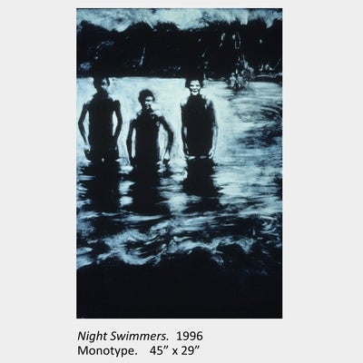 Artwork by Eva McCauley. Night Swimmers. 1996. Monotype. 45” x 29”