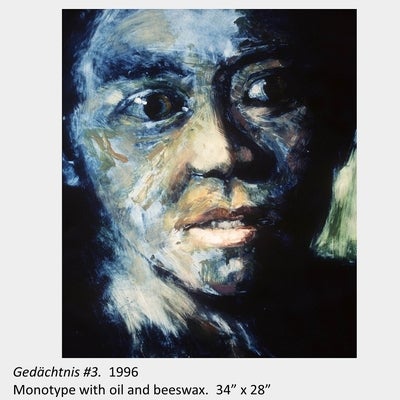 Artwork by Eva McCauley. Gedächtnis #3. 1996. Monotype with oil and beeswax. 34” x 28”