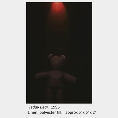 Artwork by Judith Mullett. Teddy Bear. 1995. Linen, polyester fill. approx 5' x 5' x 2'