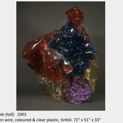 Artwork by Michael Murphy. crumple (tall). 2003. Chicken wire, coloured & clear plastic, tinfoil. 72" x 51" x 33"