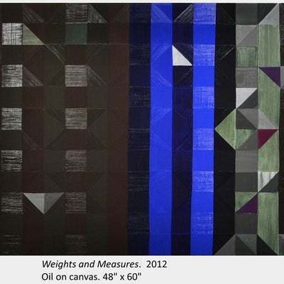 Artwork by Rob Nicholls. Weights and Measures. 2012. Oil on canvas. 48" x 60"