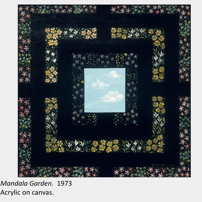 Artwork by Nancy Lou Patterson.  Mandala Garden. 1973. Acrylic on canvas.