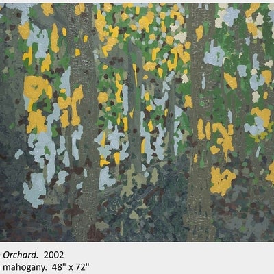 Artwork by Wojciech Olejnik. Peach Orchard. 2002. Oil on mahogany. 48" x 72"