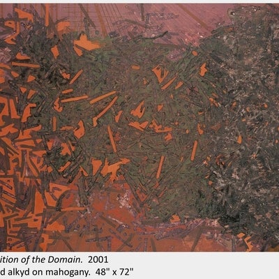 Artwork by Wojciech Olejnik. Exposition of the Domain. 2001. Oil and alkyd on mahogany. 48" x 72"
