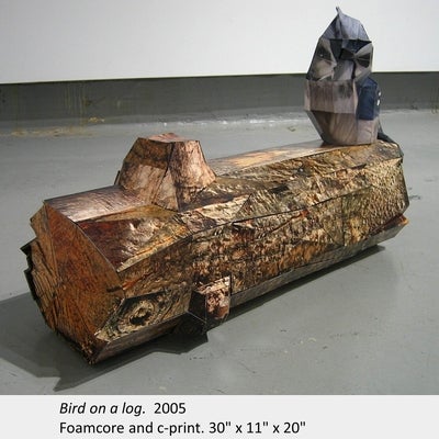 Artwork by Susy Oliveira. Bird on a log. 2005. Foamcore and c-print. 30" x 11" x 20"