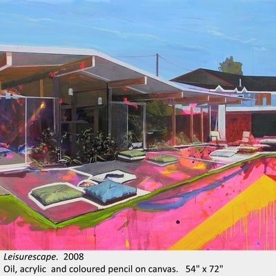 Artwork by James Olley. Leisurescape. 2008. Oil, acrylic and coloured pencil on canvas. 54" x 72"