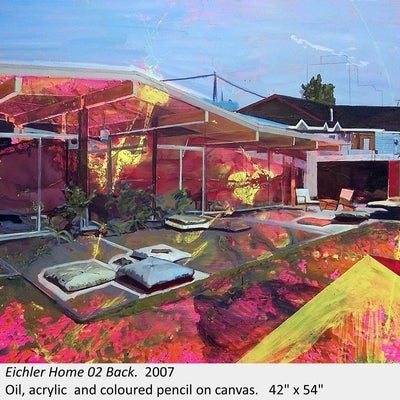 Artwork by James Olley. Eichler Home 02 Back. 2007. Oil, acrylic and coloured pencil on canvas. 42" x 54"