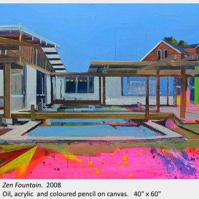 Artwork by James Olley. Zen Fountain. 2008. Oil, acrylic and coloured pencil on canvas. 40" x 60