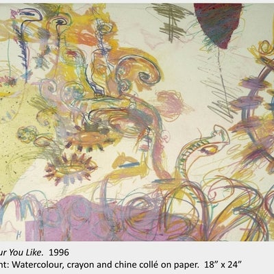 Artwork by Franco Orlandi. Any Colour You Like. 1996. Monoprint: Watercolour, crayon and chine collé on paper. 18” x 24”
