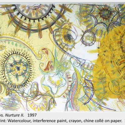 Artwork by Franco Orlandi. Nature vs. Nurture II. 1997. Monoprint: Watercolour, interference paint, crayon, chine collé on paper