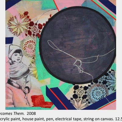 Artwork by Monika Raciborski. Death Becomes Them. 2008. Oil and acrylic paint, house paint, pen, electrical tape, string, canvas
