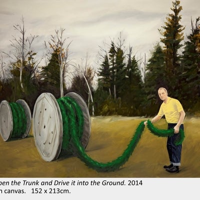 Artwork by Amanda Rhodenizer. Sharpen the Trunk and Drive it into the Ground. 2014. Oil on canvas.   152 x 213cm.