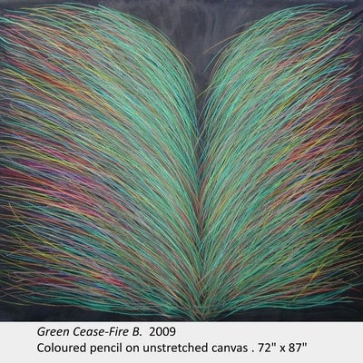 Artwork by Ram Samocha. Green Cease-Fire B. 2009. Coloured pencil on unstretched canvas. 72" x 87"