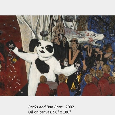 Artwork by Scott Sawtell. Rocks and Bon Bons. 2002. Oil on canvas. 98" x 180"