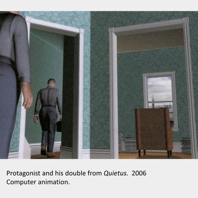 Artwork by James Sayers. Protagonist and his double from Quietus. 2006. Computer animation.