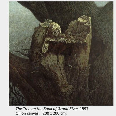 Artwork by Shi Le. The Tree on the Bank of Grand River. 1997. Oil on canvas. 200 x 200 cm.