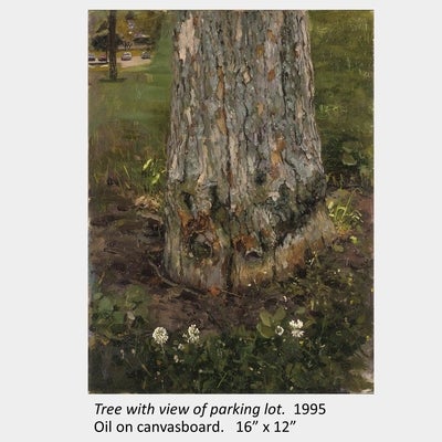 Artwork by Joanna Strong. Tree with view of parking lot. 1995. Oil on canvasboard. 16” x 12”