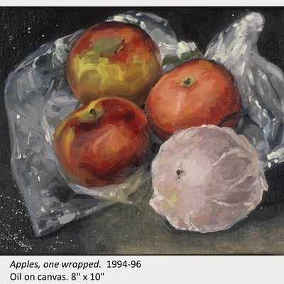 Artwork by Joanna Strong. Apples, one wrapped. 1994-96. Oil on canvas. 8" x 10"