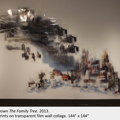 Artwork by Natalie Hunter. To Cut Down The Family Tree. 2013. Giclee prints on transparent film wall collage. 144” x 144” 