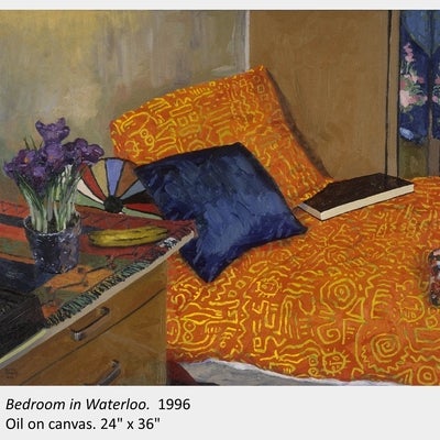 Artwork by Joanna Strong. Bedroom in Waterloo. 1996. Oil on canvas. 24" x 36"