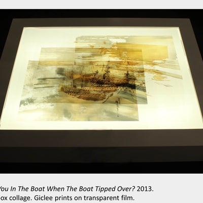 Artwork by Natalie Hunter. Were You In The Boat When The Boat Tipped Over? 2013. Light box collage. Giclee prints on clear film.