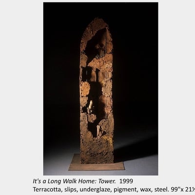 Artwork by Mary-Lynne Snedden. It's a Long Walk Home: Tower. 1999. Terracotta, slips, underglaze, pigment, wax, steel.