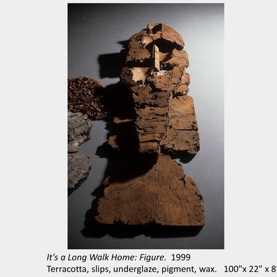 Artwork by Mary-Lynne Snedden. It's a Long Walk Home: Figure. 1999. Terracotta, slips, underglaze, pigment, wax. 100"x 22" x 8"