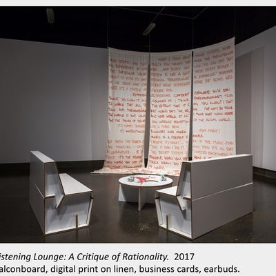 Artwork by Denise St Marie and Timothy Walker, Listening Lounge: A Critique of Rationality, 2017, Falconboard, cards, earbuds