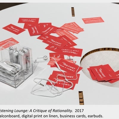 Artwork by Denise St Marie and Timothy Walker, Listening Lounge: A Critique of Rationality, 2017, business cards, earbuds