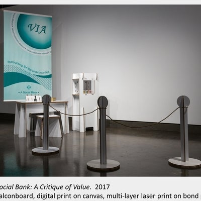 Artwork by Denise St Marie and Timothy Walker, Social Bank: A Critique of Value, 2017, Falconboard, digital print on canvas