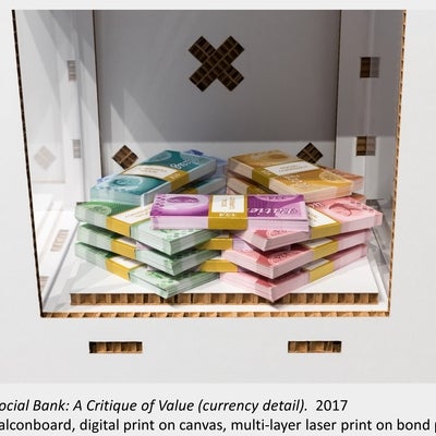 Artwork by Denise St Marie and Timothy Walker, Social Bank: A Critique of Value, 2017, Falconboard, laser print on paper