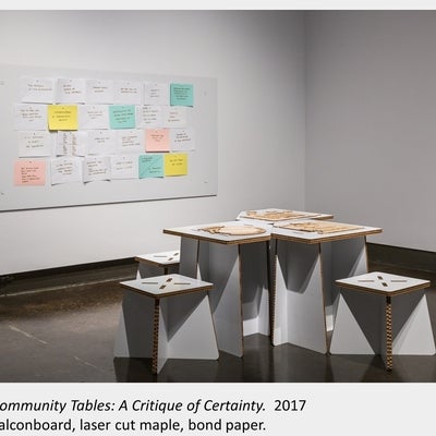 Artwork by Denise St Marie and Timothy Walker, Community Tables: A Critique of Certainty, 2017, Falconboard, laser cut maple
