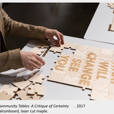 Artwork by Denise St Marie and Timothy Walker, Community Tables: A Critique of Certainty, 2017, Falconboard, laser cut maple