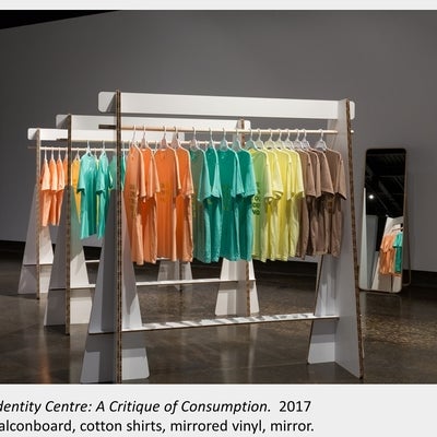 Artwork by Denise St Marie and Timothy Walker, Identity Centre: A Critique of Consumption, 2017, Falconboard, cotton shirts
