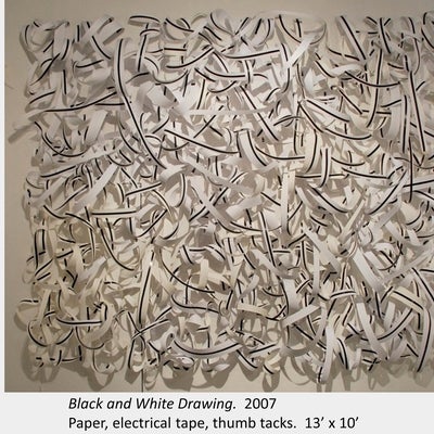 Artwork by Dawn Stafrace. Black and White Drawing. 2007. Paper, electrical tape, thumb tacks. 13’ x 10’