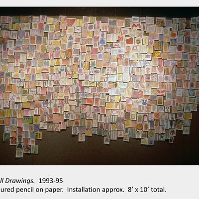 Artwork by Shawn Steffler. Small Drawings. 1993-95. Coloured pencil on paper. Installation approx. 8’ x 10’ total.