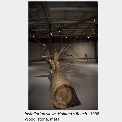 Artwork by Chris Stones. Installation view: Holland's Beach. 1998. Wood, stone, metal.